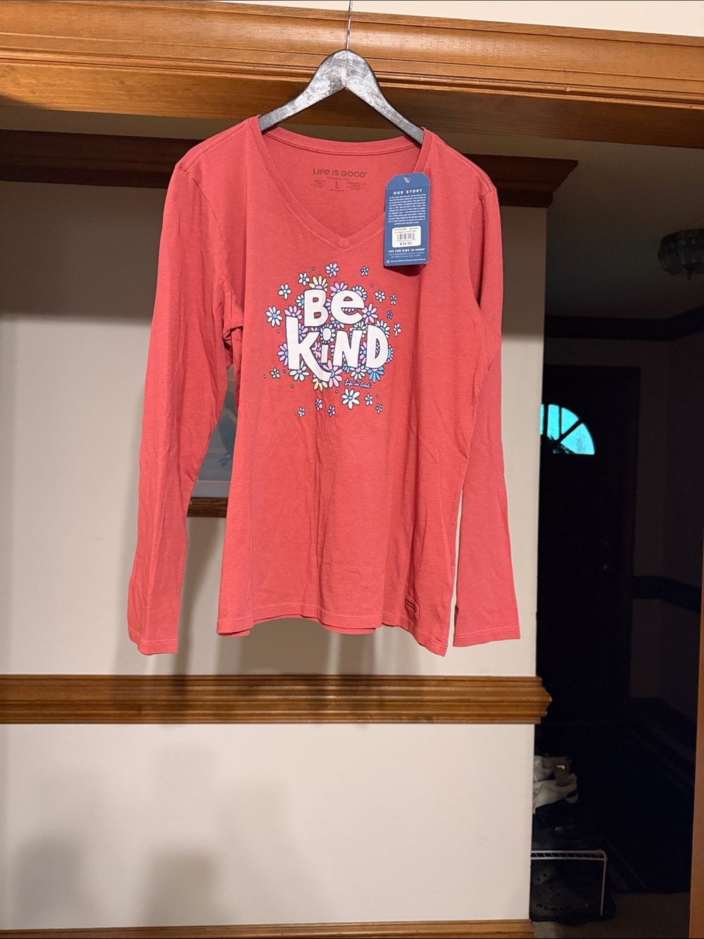 Life Is Good Coral Long-Sleeve Tee with "Be Kind" Floral Graphic